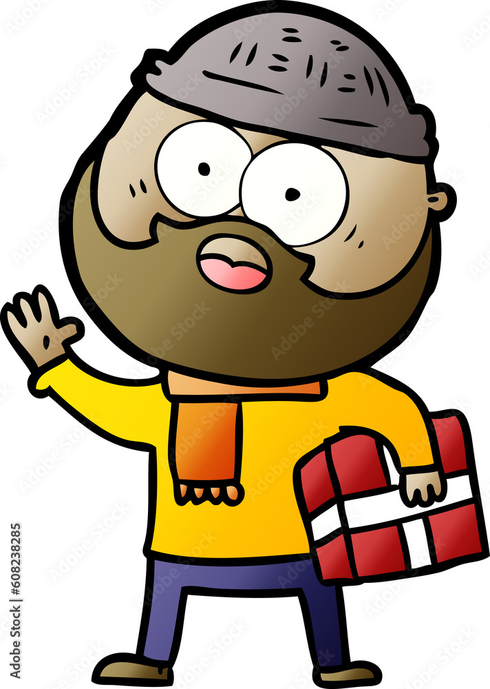 cartoon bearded man with present