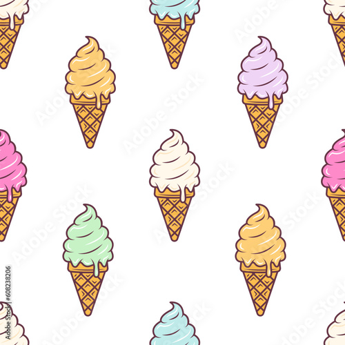 Creamy ice cream cone seamless pattern cartoon style. Vector illustration isolated on white background