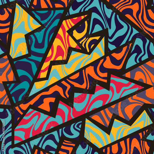 Colorful tribal mosaic with wave lines. Seamless pattern