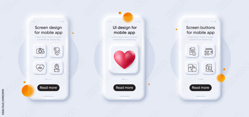 Search, Manual and Photo camera line icons pack. 3d phone mockups with heart. Glass smartphone screen. Hospital nurse, Heartbeat, Medical mask web icon. Qr code, Puzzle pictogram. Vector Search, Manual and Photo camera line icons pack. 3d phone mockups with heart. Glass smartphone screen. Hospital nurse, Heartbeat, Medical mask web icon. Qr code, Puzzle pictogram. Vector
