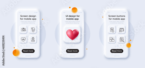 Search, Manual and Photo camera line icons pack. 3d phone mockups with heart. Glass smartphone screen. Hospital nurse, Heartbeat, Medical mask web icon. Qr code, Puzzle pictogram. Vector