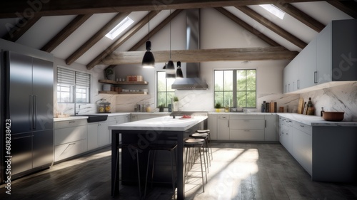 Modern spacious country house kitchen  white facades and countertops  wooden floors and ceiling beams  large kitchen island with bar stools. Generative AI