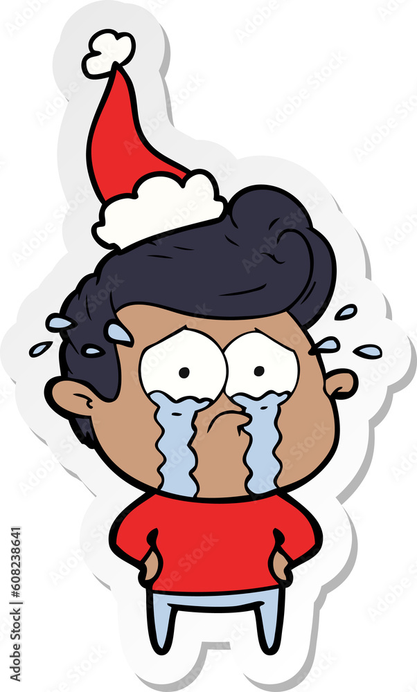 hand drawn sticker cartoon of a crying man wearing santa hat hand drawn sticker cartoon of a crying man wearing santa hat