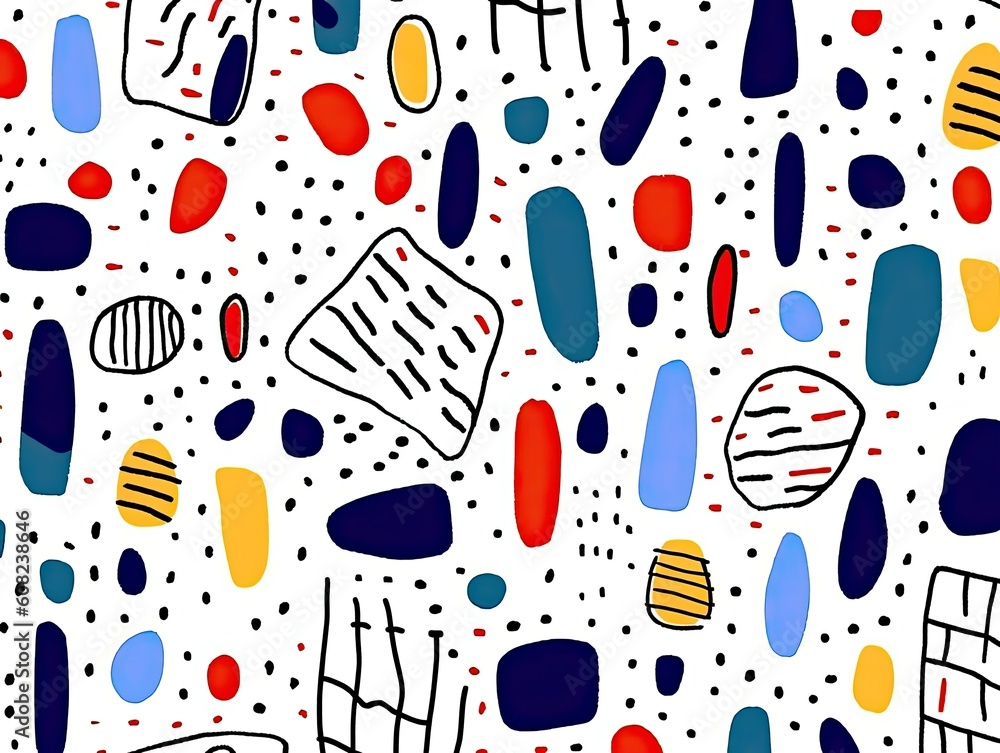 Funny colorful doodle pattern. A creative background in a minimalist style for children or a fashionable design with basic shapes. The illustration was created by AI. Funny colorful doodle pattern. A creative background in a minimalist style for children or a fashionable design with basic shapes. The illustration was created by AI.