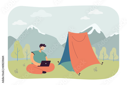 Happy freelance worker with laptop next to tent at camping site. Man working remotely while on trip vector illustration. Remote work, freelancing, camping, technology concept