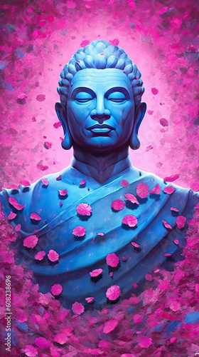 Blue Buddha surrounded by pink flower petals, zbrush style, dark red and light green, illusory portraits on wallpaper, UHD image. The illustration was created by AI. photo