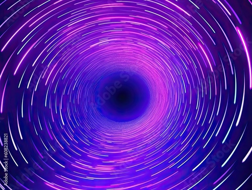 Abstract tunnel with bright beautiful blue and purple glowing energy magic waves and lines of small digital particles. The illustration was created by AI.