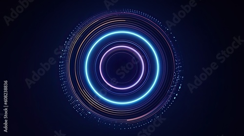 Abstract glowing circular lines on a dark blue background. Artistic design in geometric stripes. Modern shiny blue lines. The illustration was created by AI.