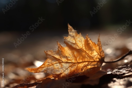 Close up photograph of a singular dry leaf. Generative AI