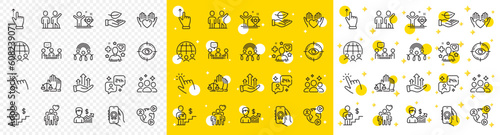 Outline Teamwork, Global business and Squad line icons pack for web with Delivery man, Award app, Friendship line icon. Consulting, Patient, Growth chart pictogram icon. Video conference. Vector
