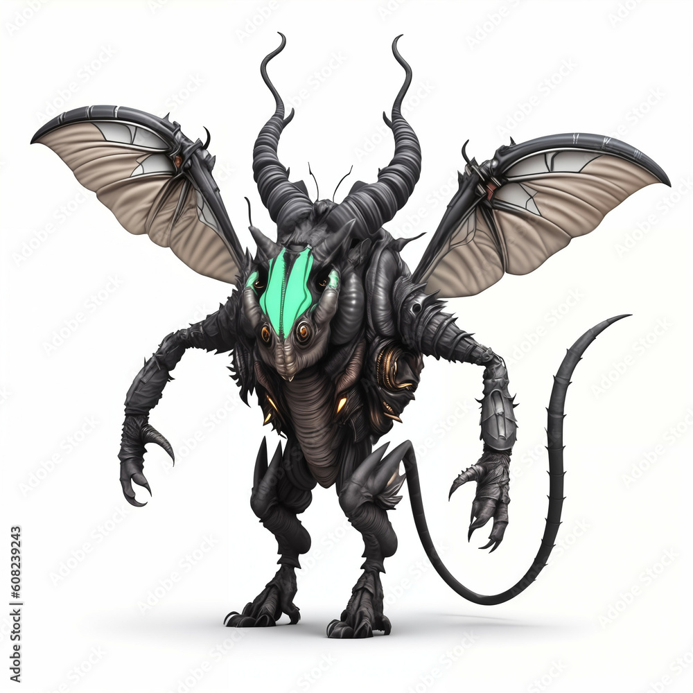 Insectlike Monster with horns and wings. Isolated on white background. Generative AI. Insectlike Monster with horns and wings. Isolated on white background. Generative AI.
