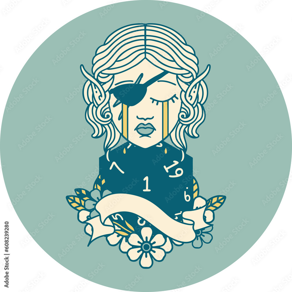 Retro Tattoo Style crying elf rogue character face with natural one D20 roll Retro Tattoo Style crying elf rogue character face with natural one D20 roll