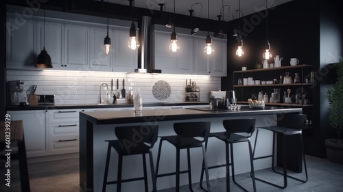 Modern kitchen in a minimalist scandi loft style, a combination of white and black, a long bar counter with black bar stools, LED lighting, open shelves. Generative AI © Georgii