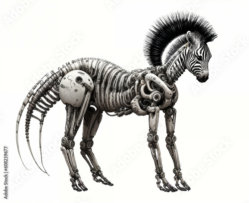 Biomechanical Zebra. Digital illustration. Generative AI. Isolated on white background. © eestingnef