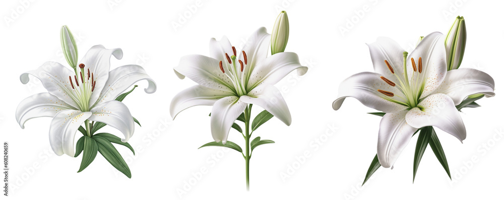 Three illustrations of a white lily on a transparent background, Generative AI