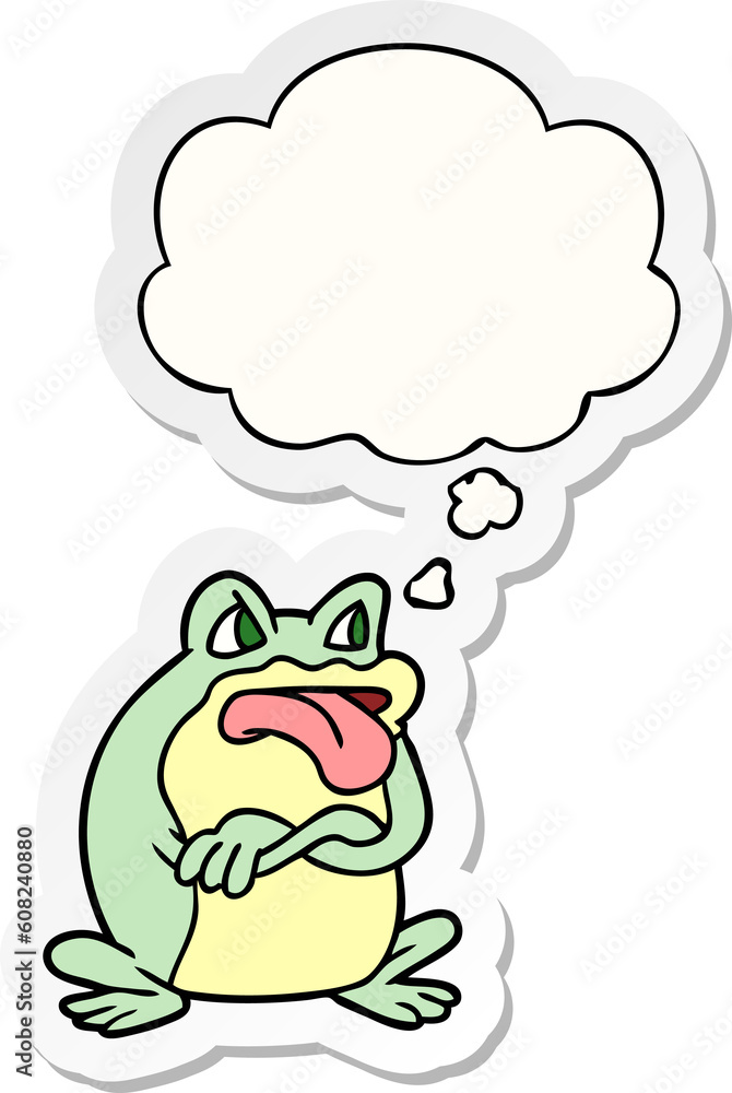 grumpy cartoon frog with thought bubble as a printed sticker