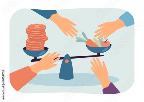 Hands reaching for food on scales vector illustration. Cartoon drawing of scales with gold coins and fruit and vegetables, organic food deficiency or shortage. Food supplies, finances concept