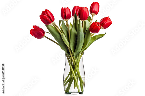 Bunch of red tulips in a white vase isolated with transparent background