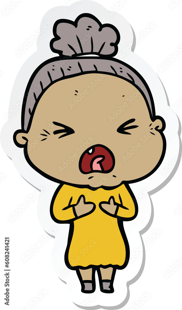 sticker of a cartoon angry old woman sticker of a cartoon angry old woman