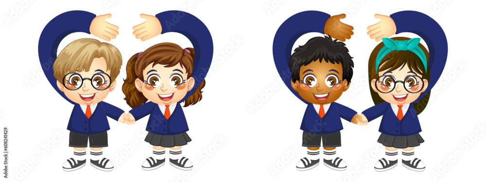 Set of a cute boy and girl students showing love with hands, back to school, education, print, artwork, doodle, vector illustration (Vector) Set of a cute boy and girl students showing love with hands, back to school, education, print, artwork, doodle, vector illustration (Vector)