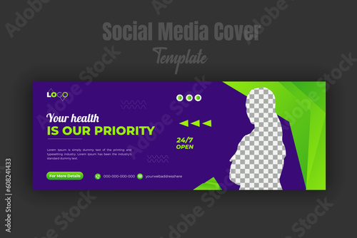 Medical healthcare social media post template with abstract radium green gradient color shape and purple background, modern and social media cover design for medical promotion, cover page, web banner photo