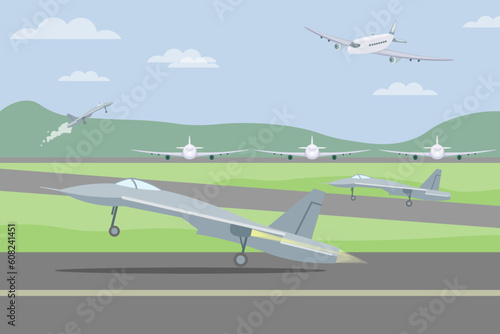 Eagle fighter planes taking off vector illustration. Military jet airplanes flying during exercise in blue sky above airport. Aviation, air transportation, flight, army concept