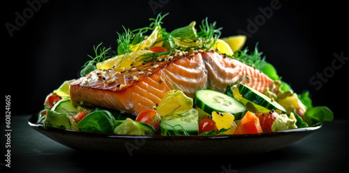Salmon, avocado and tomatoes dish on a plate. Salmon fish background. Generative Ai. 