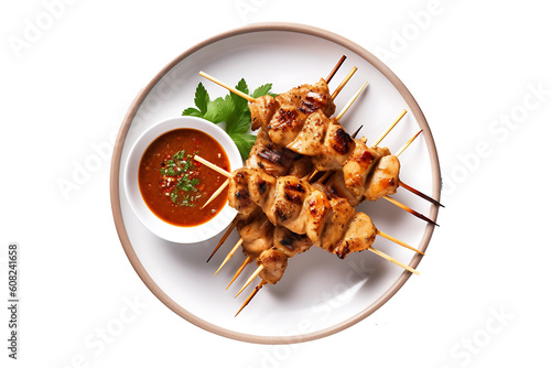 thai chicken skewers with sauce isolated on white background. genarative ai photo