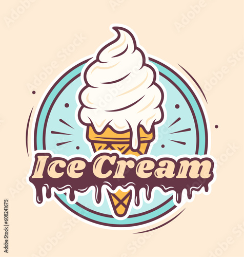 Ice Cream Cafe logo cartoon design. Ice cream in a waffle cone with a text. Template. Vector illustration