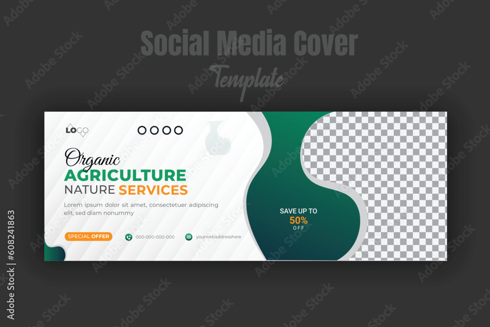Organic food and farming, lawn garden service social media cover design template flyer for multipurpose use agriculture promotion online site with green gradient color shape on white background