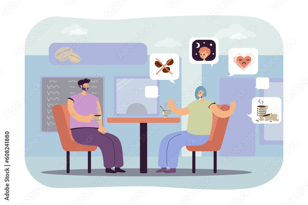 Young woman explaining harm of caffeine vector illustration. Friends having drinks at coffee shop, talking about insomnia, heart diseases from caffeine. Refusal of coffee, caffeine-free menu concept Young woman explaining harm of caffeine vector illustration. Friends having drinks at coffee shop, talking about insomnia, heart diseases from caffeine. Refusal of coffee, caffeine-free menu concept