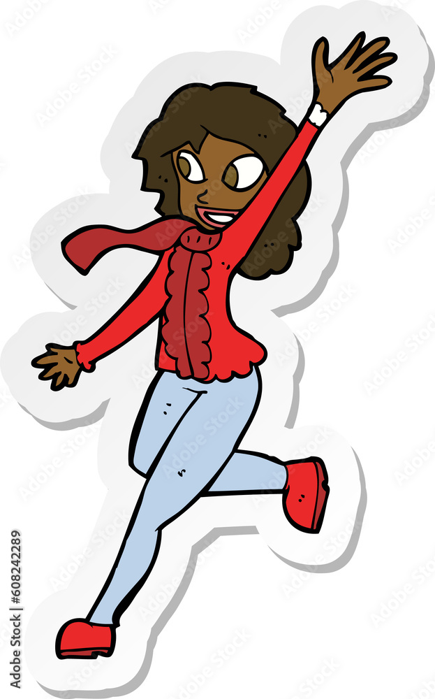 sticker of a cartoon woman waving dressed for winter