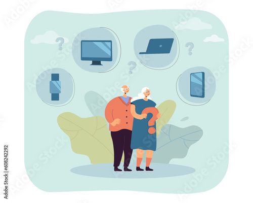 Elderly couple curious about mobile devices vector illustration. Drawing of old man and woman with question mark, monitor, phone, smart watch, laptop in bubbles. Senior life, technology concept