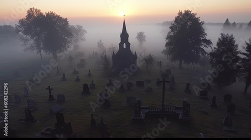 The cemetery is cloaked in a thick blanket of fog as twilight descends  imbuing the landscape with an unsettling beauty. Generated by AI.