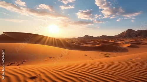 Journey into the heart of a barren desert, where the setting sun paints the vast landscape with its golden rays. The sand, unyielding and unforgiving. Generated by AI.