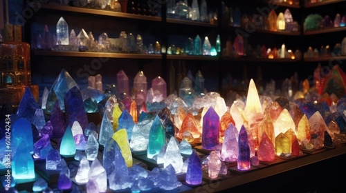 Discover a world of wonder in the mystical crystal shop, where a vast array of crystals awaits. From sparkling quartz to mesmerizing amethyst. Generated by AI.
