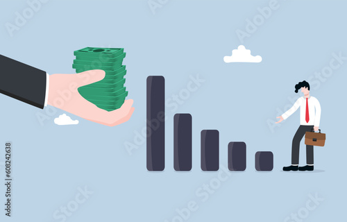 Business takeover, merger and acquisition, selling bad business to big company concept, Big businessman hand offer money to poor company owner.