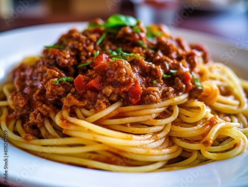 Spaghetti Bolognese in a Plate. Generative AI illustration.