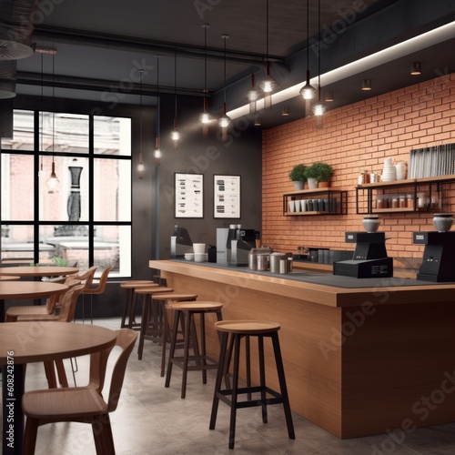 Modern trendy loft style coffee shop interior with wooden counter, tables and stools. Red brick accent wall. Large panoramic windows overlooking the city. Generative AI