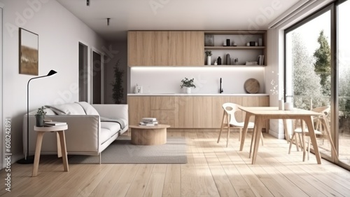 Spacious modern Scandinavian kitchen with dining area and relax area. Wooden furniture and flooring  light textiles  white walls  large panoramic windows. Light natural colors. Generative AI