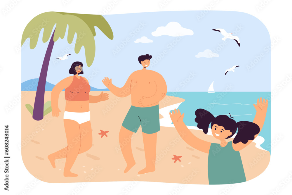 Happy mother, father, daughter spending time on beach together. Cheerful family having fun and relaxing at sea vector illustration. Summer, vacation, family, active lifestyle, tourism concept Happy mother, father, daughter spending time on beach together. Cheerful family having fun and relaxing at sea vector illustration. Summer, vacation, family, active lifestyle, tourism concept
