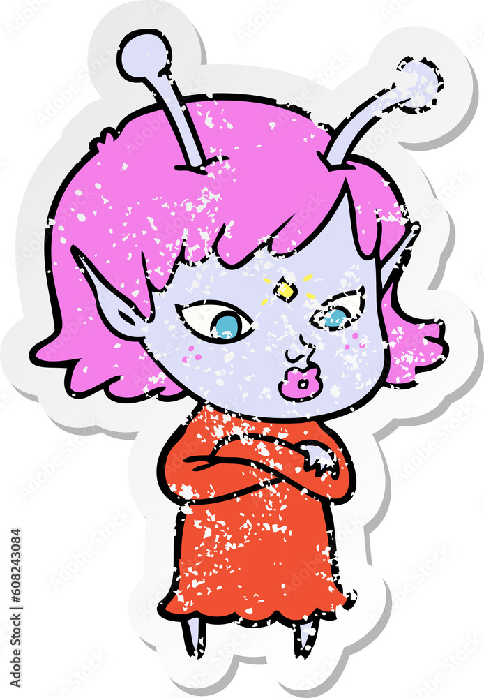 distressed sticker of a pretty cartoon alien girl distressed sticker of a pretty cartoon alien girl