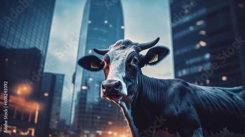 Cow is outdoors in modern city with skyscrapes. Beautiful illustration picture. Generative AI photo
