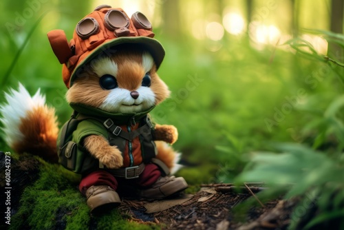 Cute animal in clothes and with hat is in the forest. Beautiful illustration picture. Generative AI