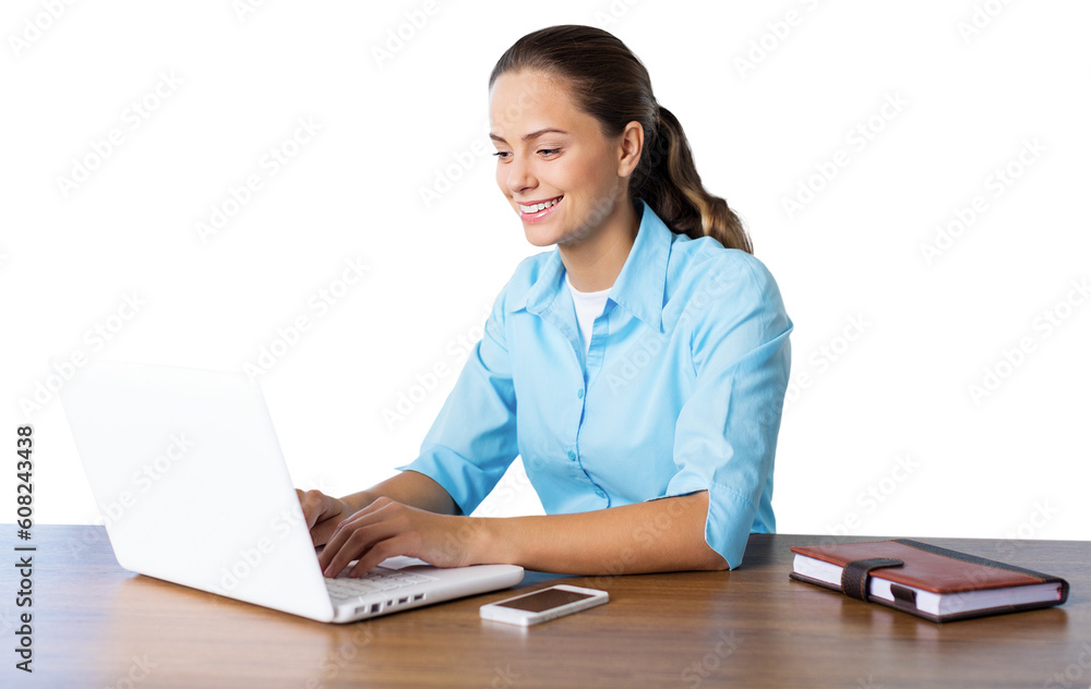 Attractive young woman speaking phone and using laptop