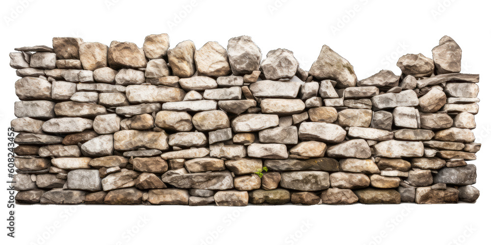 Stone wall isolated on transparent background. Old ancient stone wall