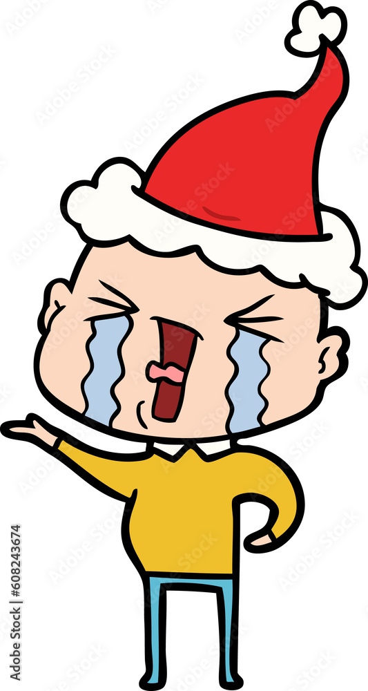 Obraz premium hand drawn line drawing of a crying bald man wearing santa hat