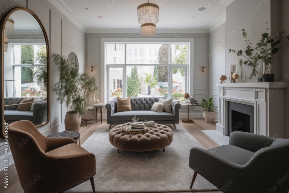 Fototapeta premium Luxurious classic living room, comfortable sofa, armchairs and ottoman, fireplace, round mirrors on the walls, decorative plants. Combination of white, gray and beige colors. Generative AI