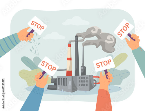 Factory and hands with stop signs vector illustration. Cartoon drawing of activists protesting against industrial or carbon emissions. Climate change, pollution, ecology, environment concept