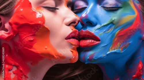 Two women are kissing each other. Faces in colorful paint. Beautiful illustration picture. Generative AI